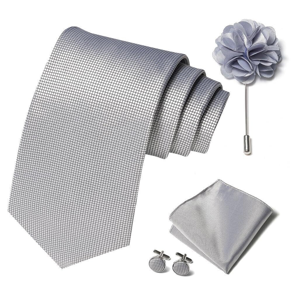 8470 Solid Color Ties Set Handkerchief Cufflinks Brooch 3.15 inches Classic